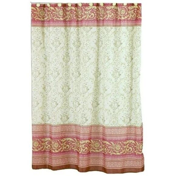 Victorian Shower Curtain Beige Fleur Print Red Pink Contrasting Border NEW - Picture 2 of 4